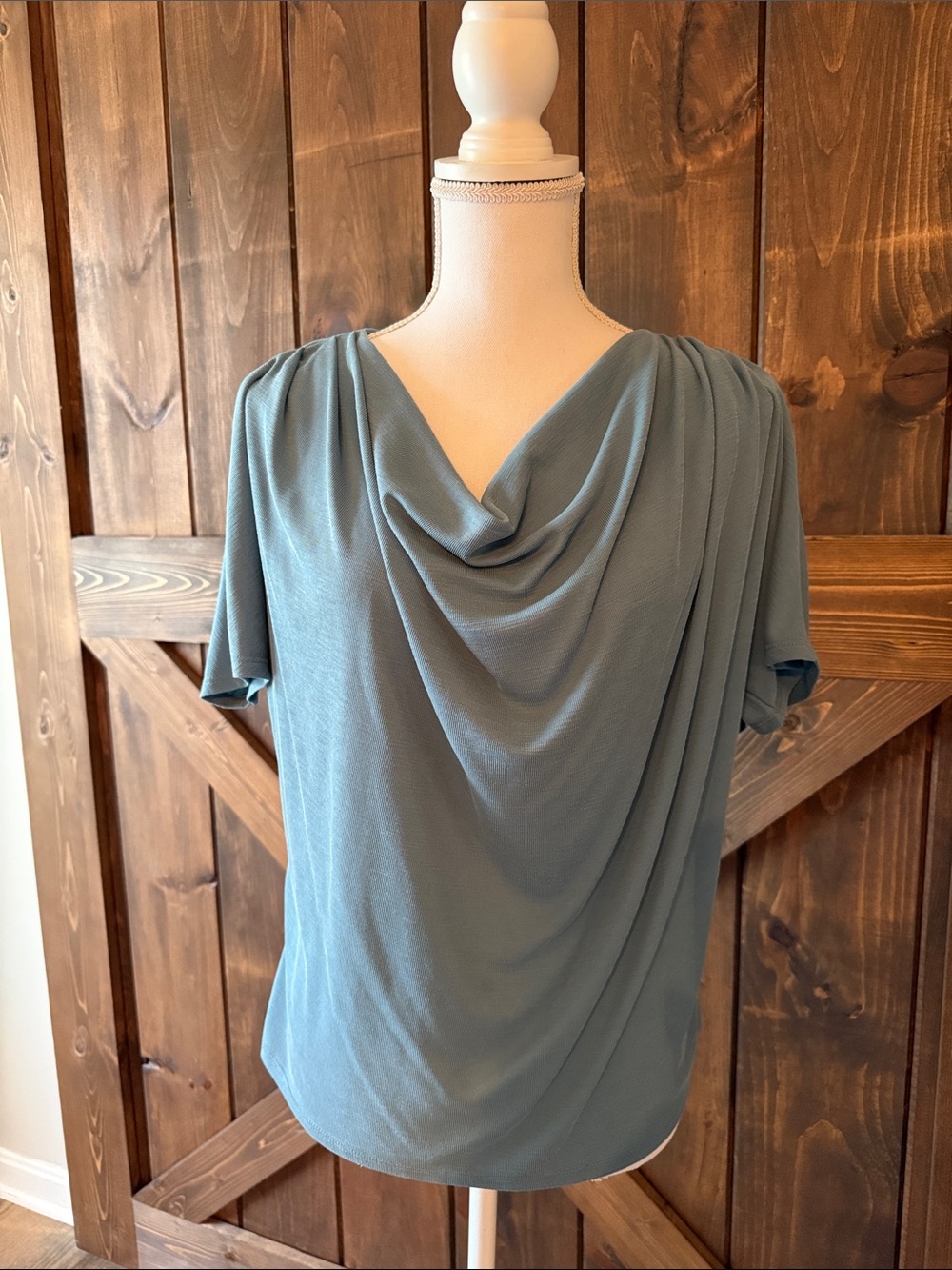 Green Envelope Draped Cowl Neck Top in Dusty Blue